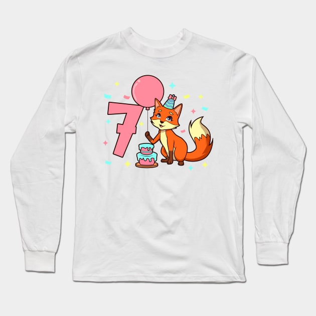 I am 7 with fox - girl birthday 7 years old Long Sleeve T-Shirt by Modern Medieval Design